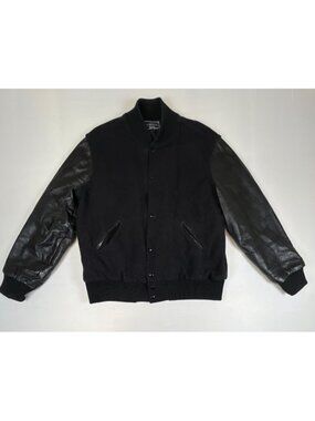 Vintage Holloway Varsity Jacket Mens L Black Wool Leather Sleeves Made In USA